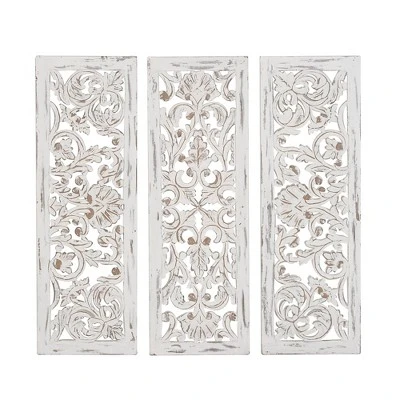 Wood Floral Handmade Intricately Carved Wall Decor Set Of 3 White - Olivia & May 11 Wood Floral Handmade Intricately Carved Wall Decor Set Of 3 White - Olivia & May - Image 9