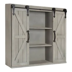 Decorative Wood Wall Storage Cabinet With 2 Sliding Barn Doors Rustic Gray - Kate & Laurel All Things Decor