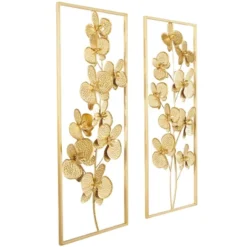 Set Of 2 Metal Floral Orchid Wall Decors With Gold Frame - CosmoLiving By Cosmopolitan