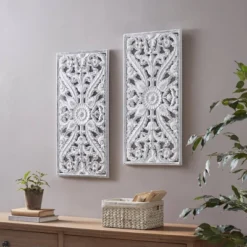 (Set Of 2) 15.5" X 31.5" Botanical Wood Carved Wall Panel White -Decoration Series Shop GUEST 53613693 7e9c 4ebb b141 5637a0c3d8c3