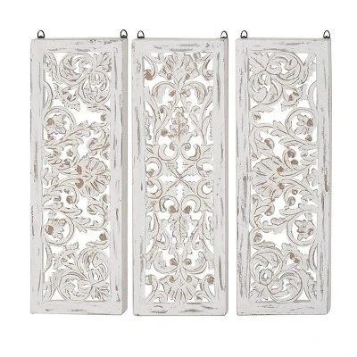 Wood Floral Handmade Intricately Carved Wall Decor Set Of 3 White - Olivia & May 4 Wood Floral Handmade Intricately Carved Wall Decor Set Of 3 White - Olivia & May - Image 2