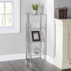 Home Basics 4 Tier Multi Use Rectangle Glass Corner Shelf, Clear