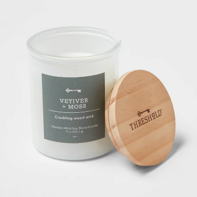 9oz Milky White Glass Woodwick Candle With Wood Lid And Stamped Logo Vetiver And Moss - Threshold™ 4 9oz Milky White Glass Woodwick Candle With Wood Lid And Stamped Logo Vetiver And Moss - Threshold™ - Image 2