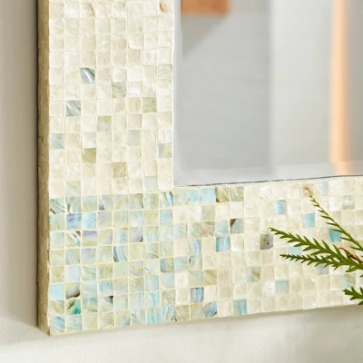 Mother Of Pearl Handmade Mosaic Wall Mirror With Blue Corners Cream - Olivia & May 5 Mother Of Pearl Handmade Mosaic Wall Mirror With Blue Corners Cream - Olivia & May - Image 3