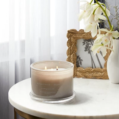 14oz Lidded Gray Glass Jar Crackling Wooden 3-Wick Candle With Clear Label Eucalyptus + Palm - Threshold™ 3 14oz Lidded Gray Glass Jar Crackling Wooden 3-Wick Candle With Clear Label Eucalyptus + Palm - Threshold™