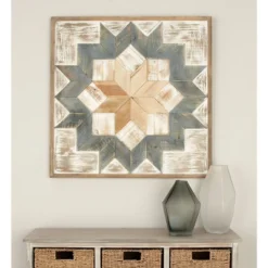 Wood Geometric Handmade Southwestern Wall Decor Light Brown/Light Blue - Olivia & May