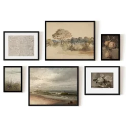 Americanflat 6 Piece Vintage Gallery Wall Art Set - Elm Tree Landscape, The Shore, Woven Silk Textile, Floral Still By Maple + Oak -Decoration Series Shop GUEST d075d62e deca 4d03 9d2b 010a85e0dd10