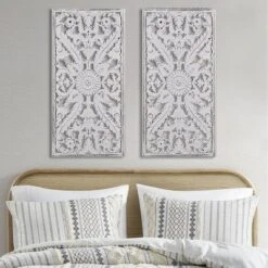 (Set Of 2) 15.5" X 31.5" Botanical Wood Carved Wall Panel White -Decoration Series Shop GUEST f57928f4 a1f7 4b91 9ef0 f7434e5f989d